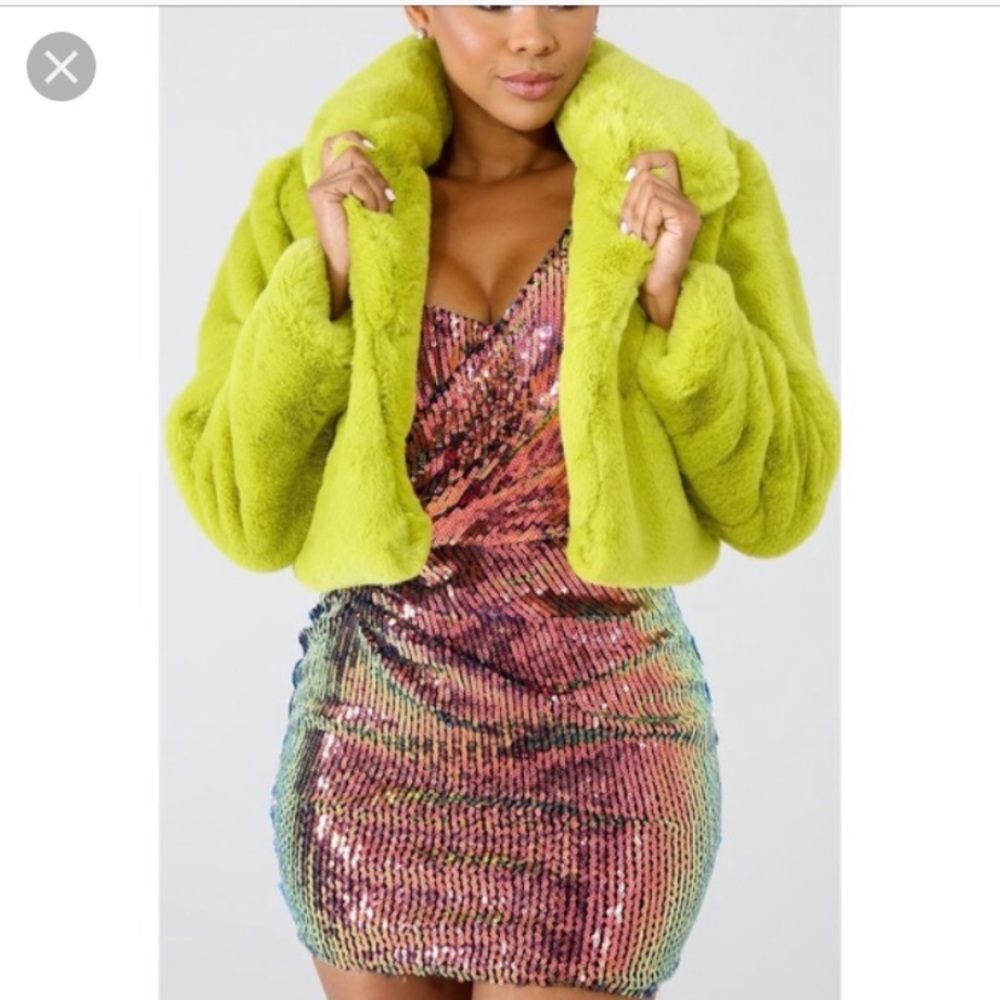 Green fur coat crop top